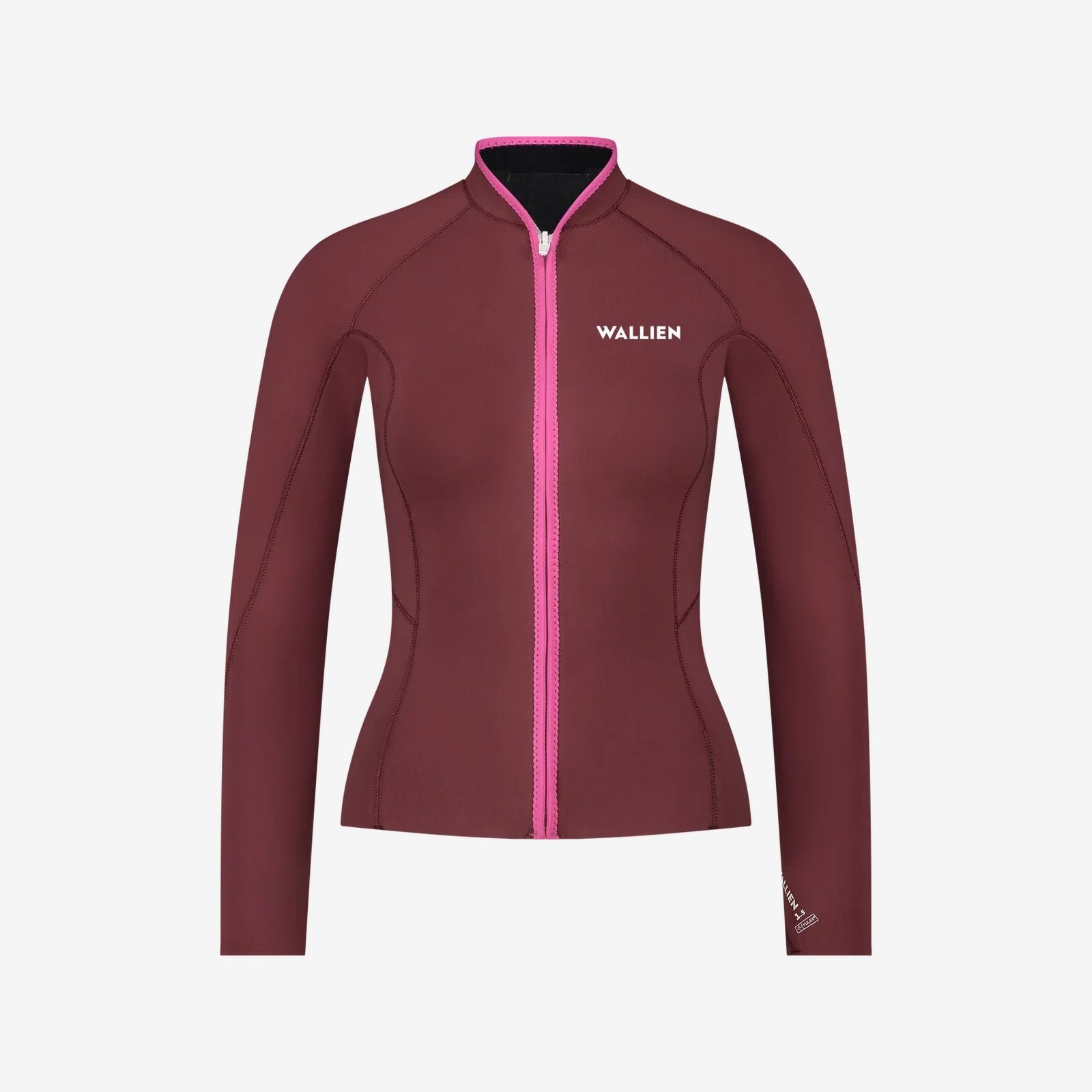 Red Yulex® wetsuit jacket with pink zip and collar, WALLIEN chest logo, made for water sports, on a white background
