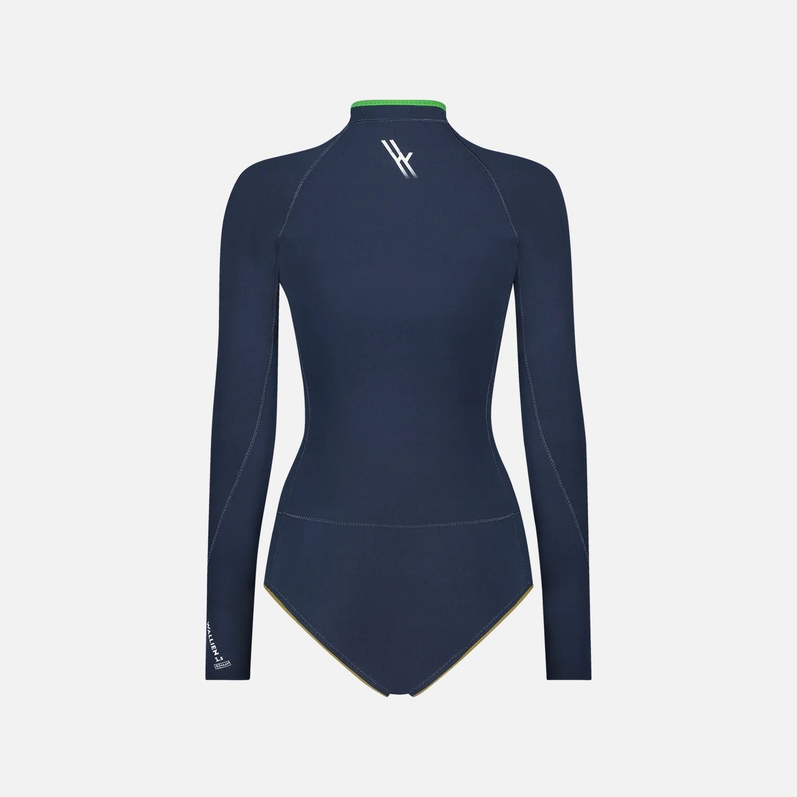 Back view of blue marine Yulex® wetsuit with white WALLIEN logo and panel seams, made for water sports, on white background