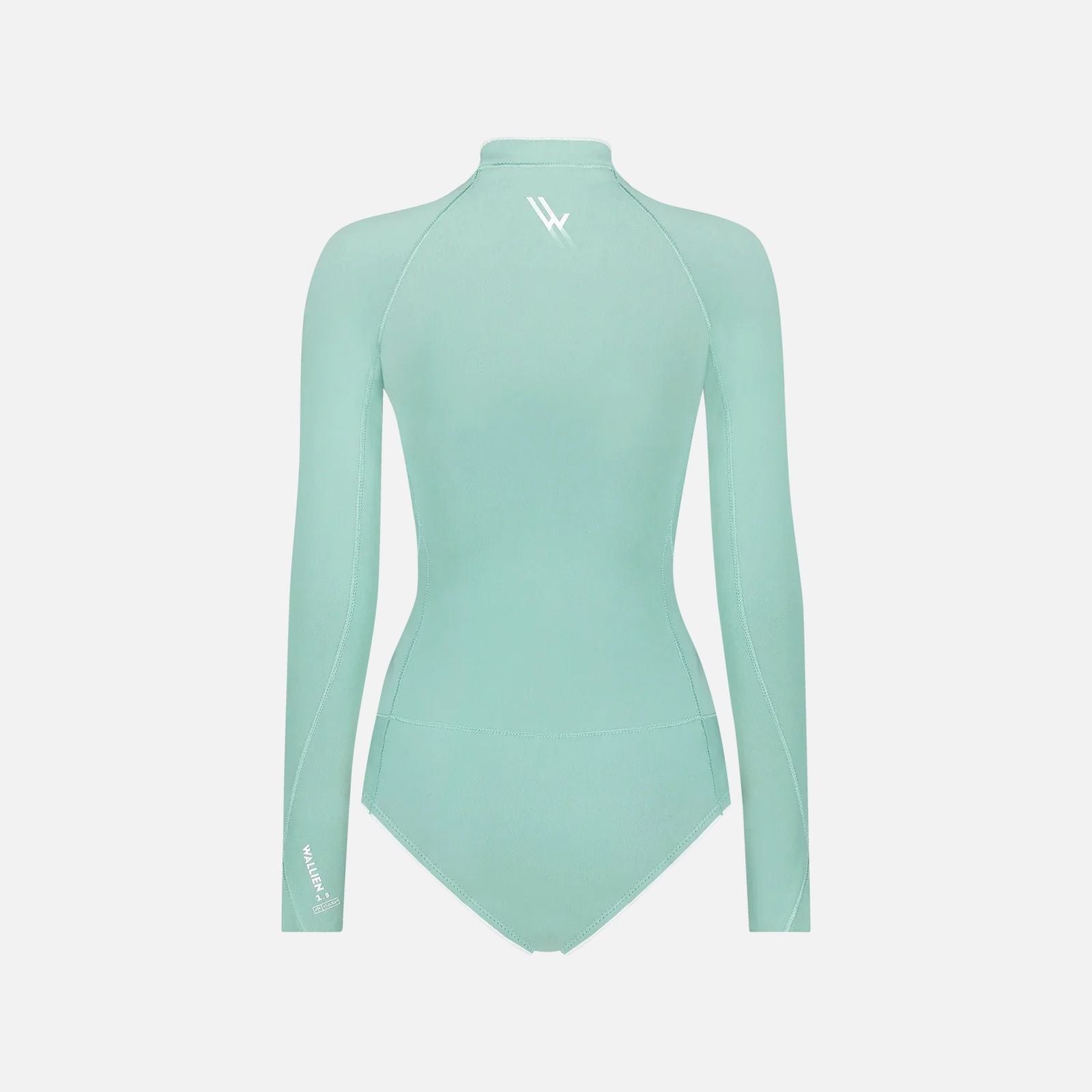 Back of aquamarine Yulex® springsuit with white stitching and WALLIEN logos on collar and sleeve, on white background