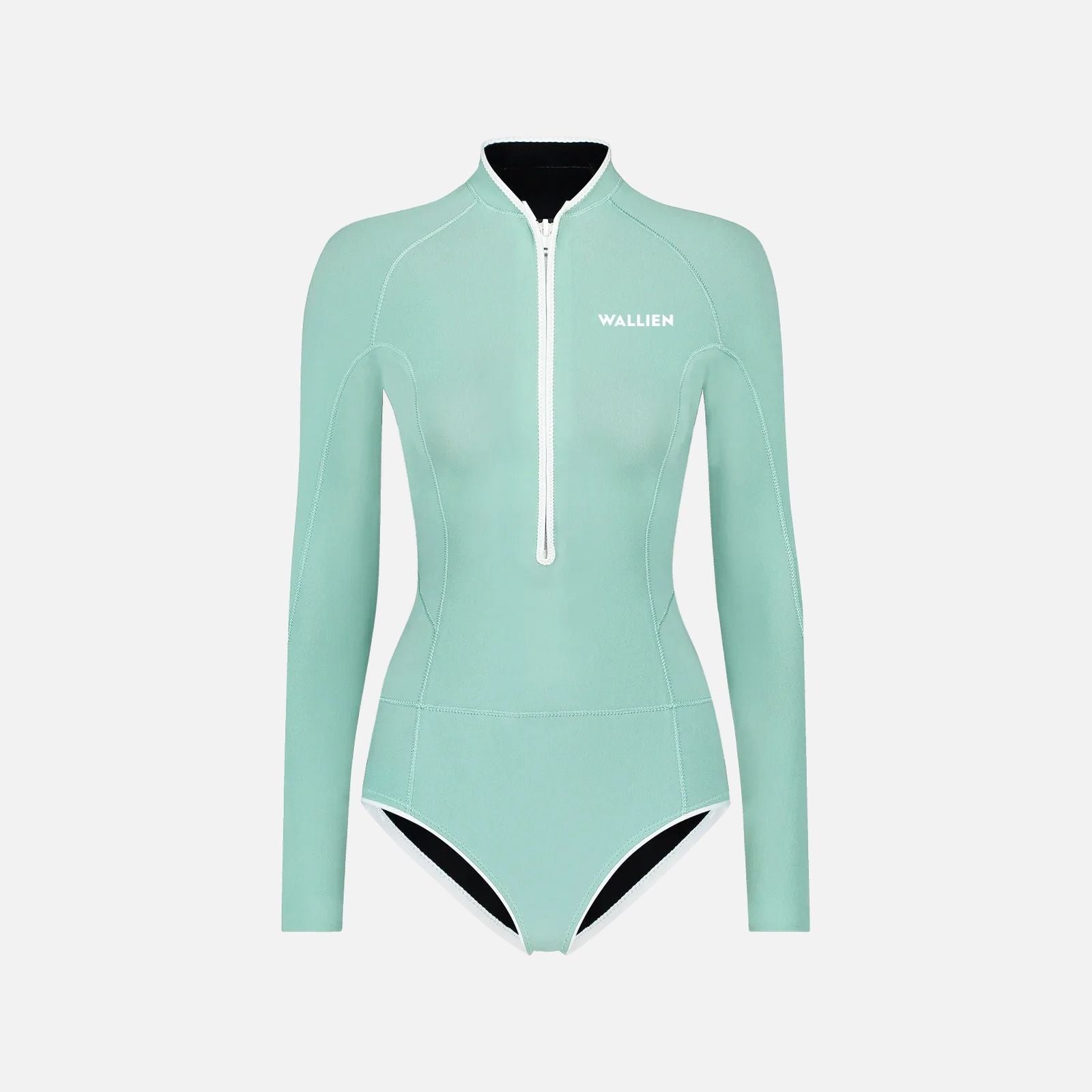 Aquamarine Yulex® springsuit with long sleeves and white zipper, designed for women’s water sports, on white background