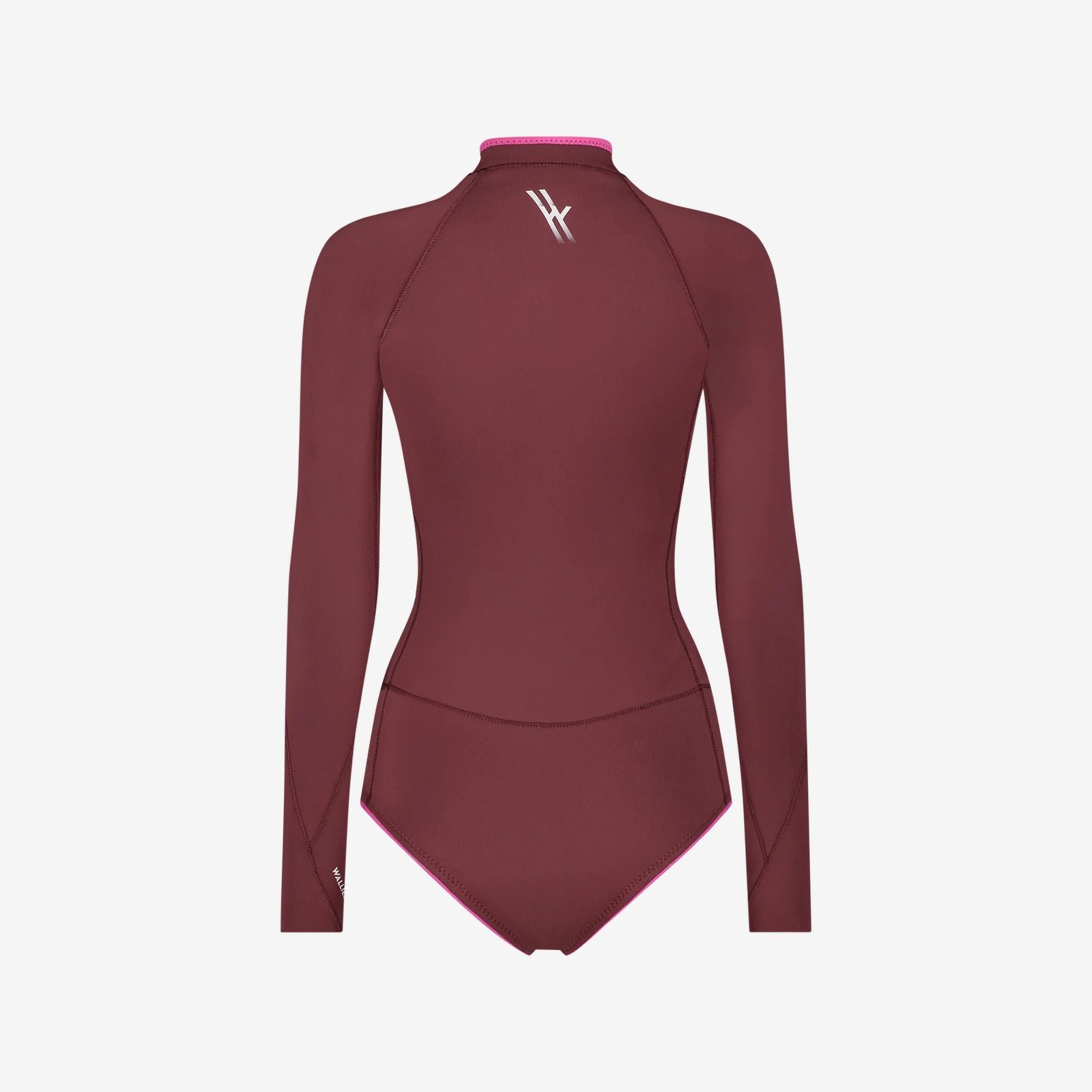 Back view of red Yulex® springsuit wetsuit with contoured seams and WALLIEN logo, eco-friendly design, on white background