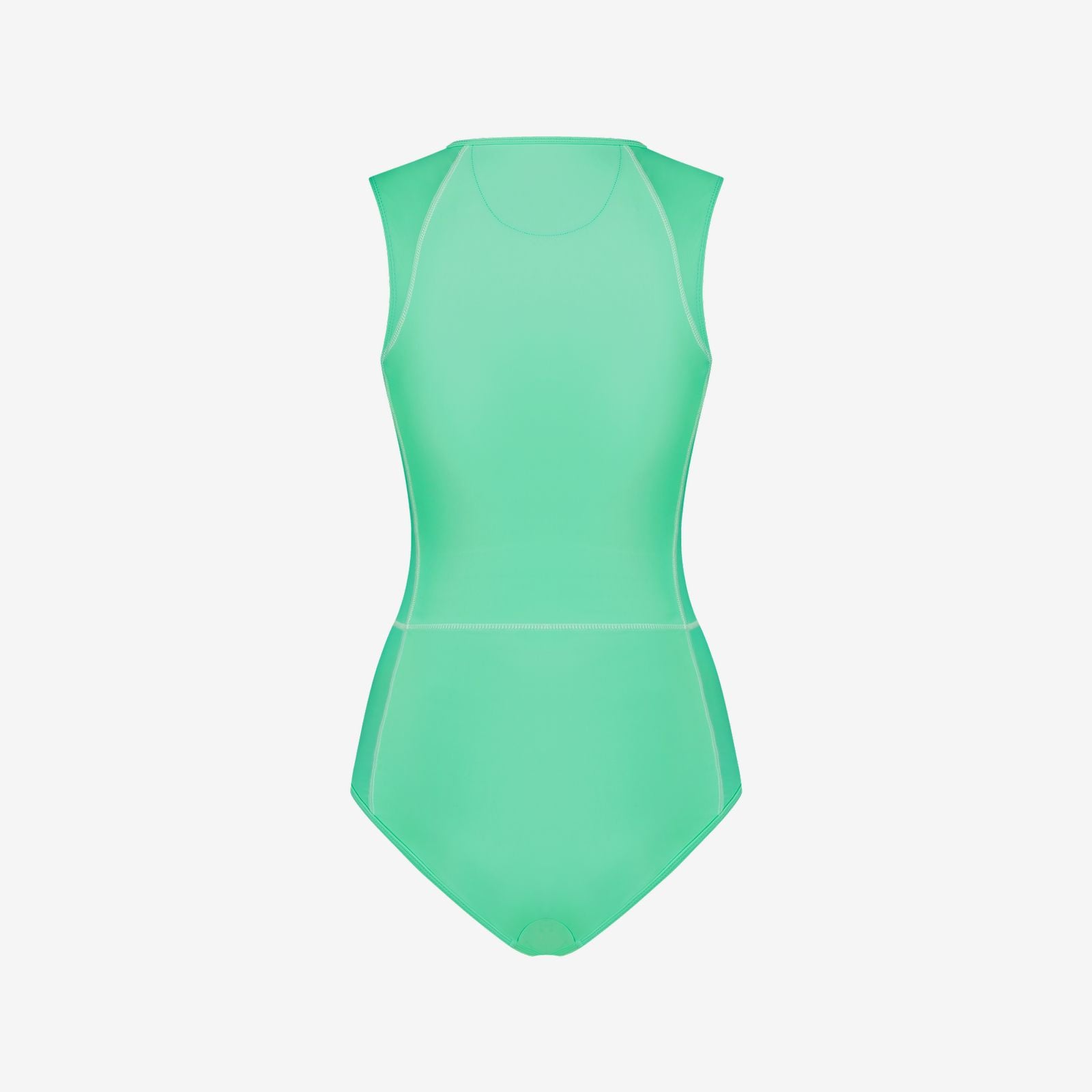 Back view of aquamarine full-coverage one-piece swimsuit with seamless back panel and white stitching, on white background