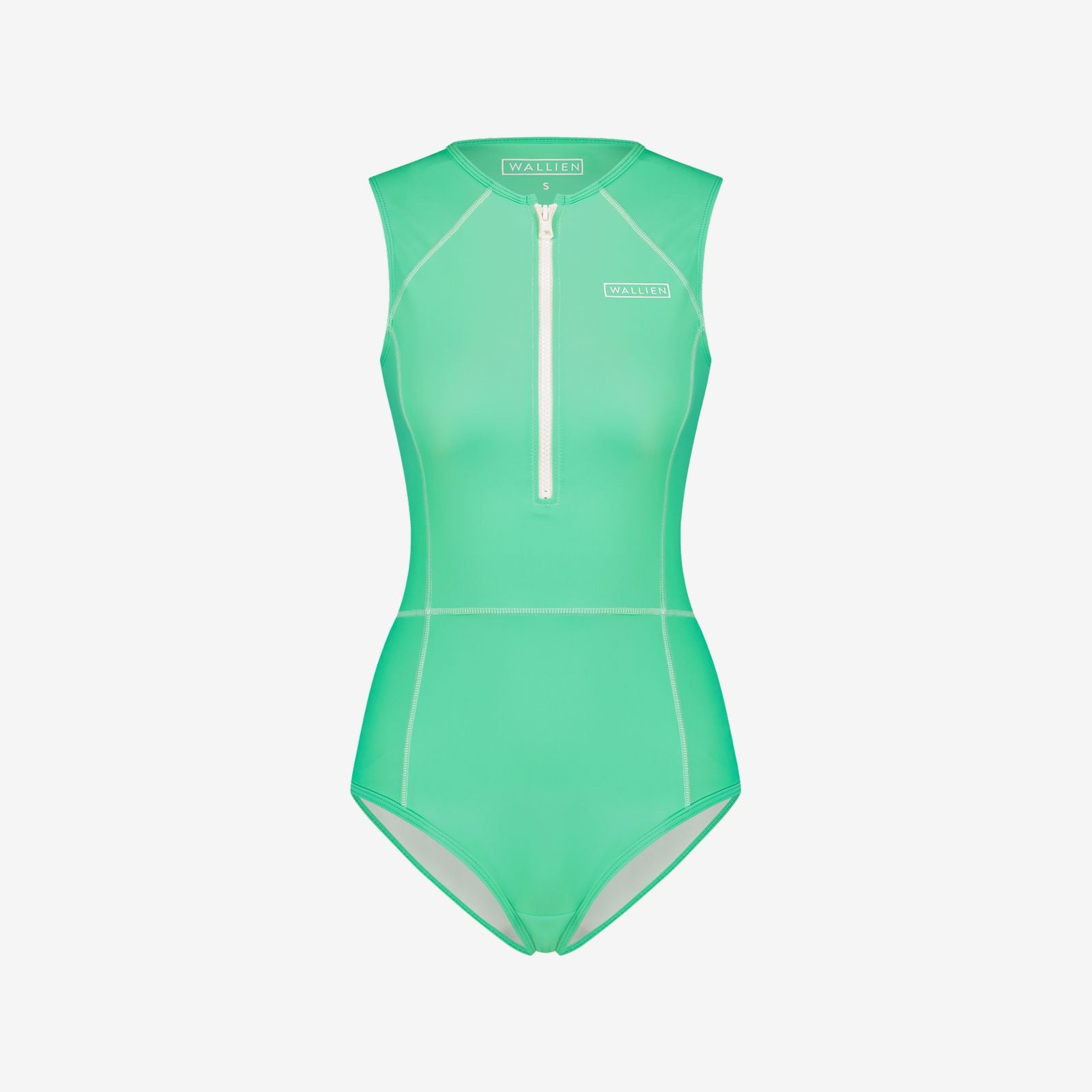 Aquamarine one-piece swimsuit with full coverage, white zip and stitching, WALLIEN logo on chest, on white background