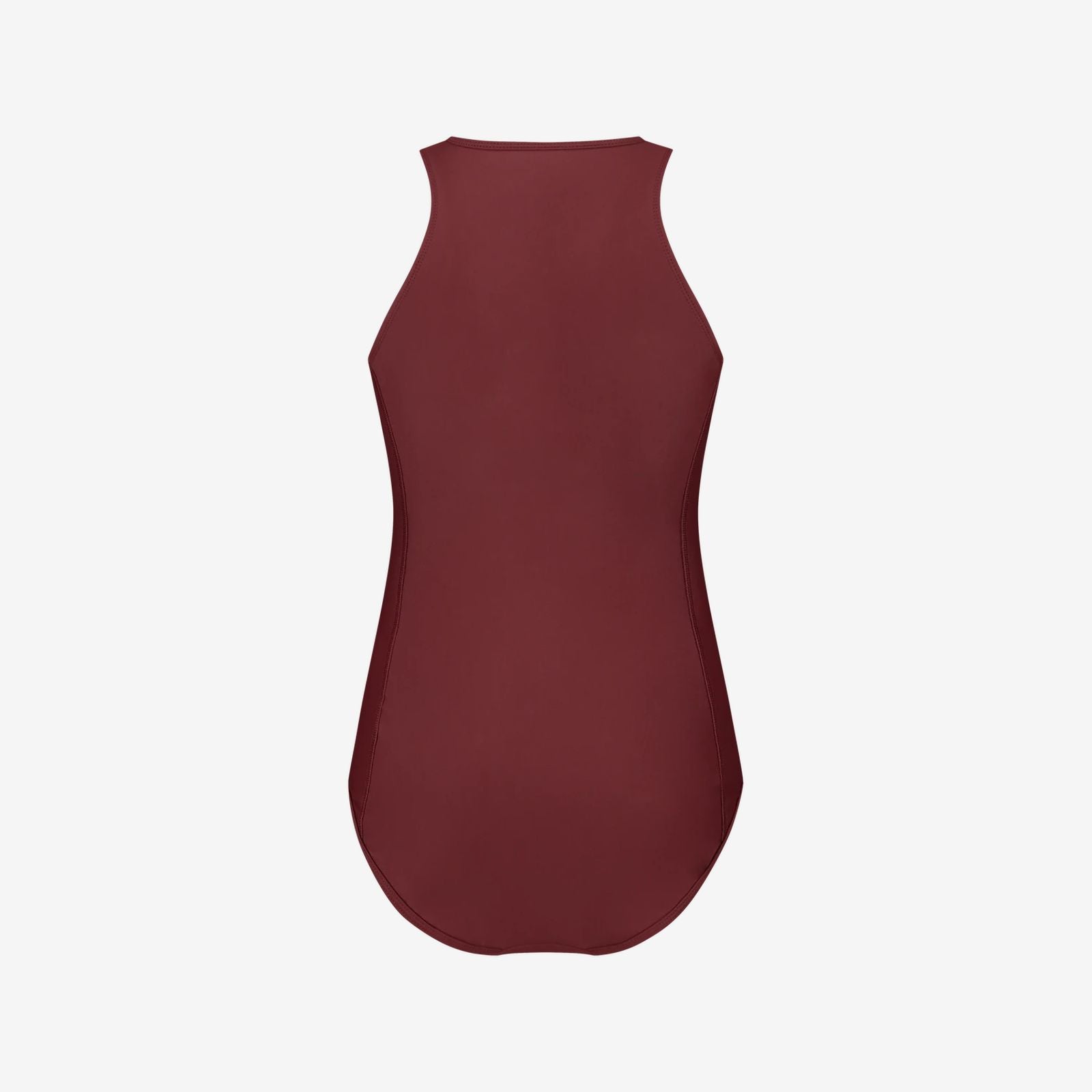 Back view of red high neck full coverage swimsuit with seamless finish tailored for training and support, on white background