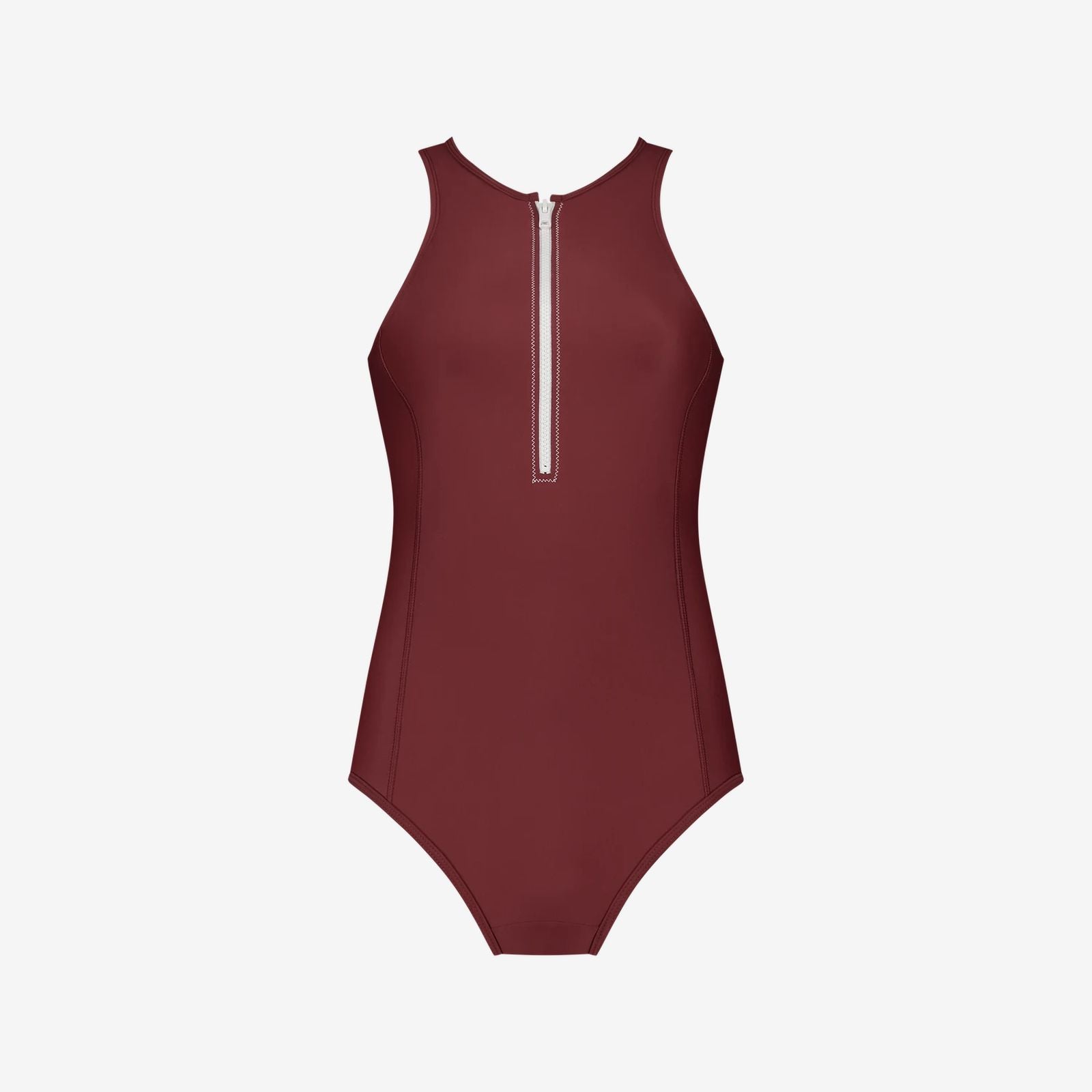 Red full coverage one-piece swimsuit with zip front and high neckline, designed for women’s water sports, on white background