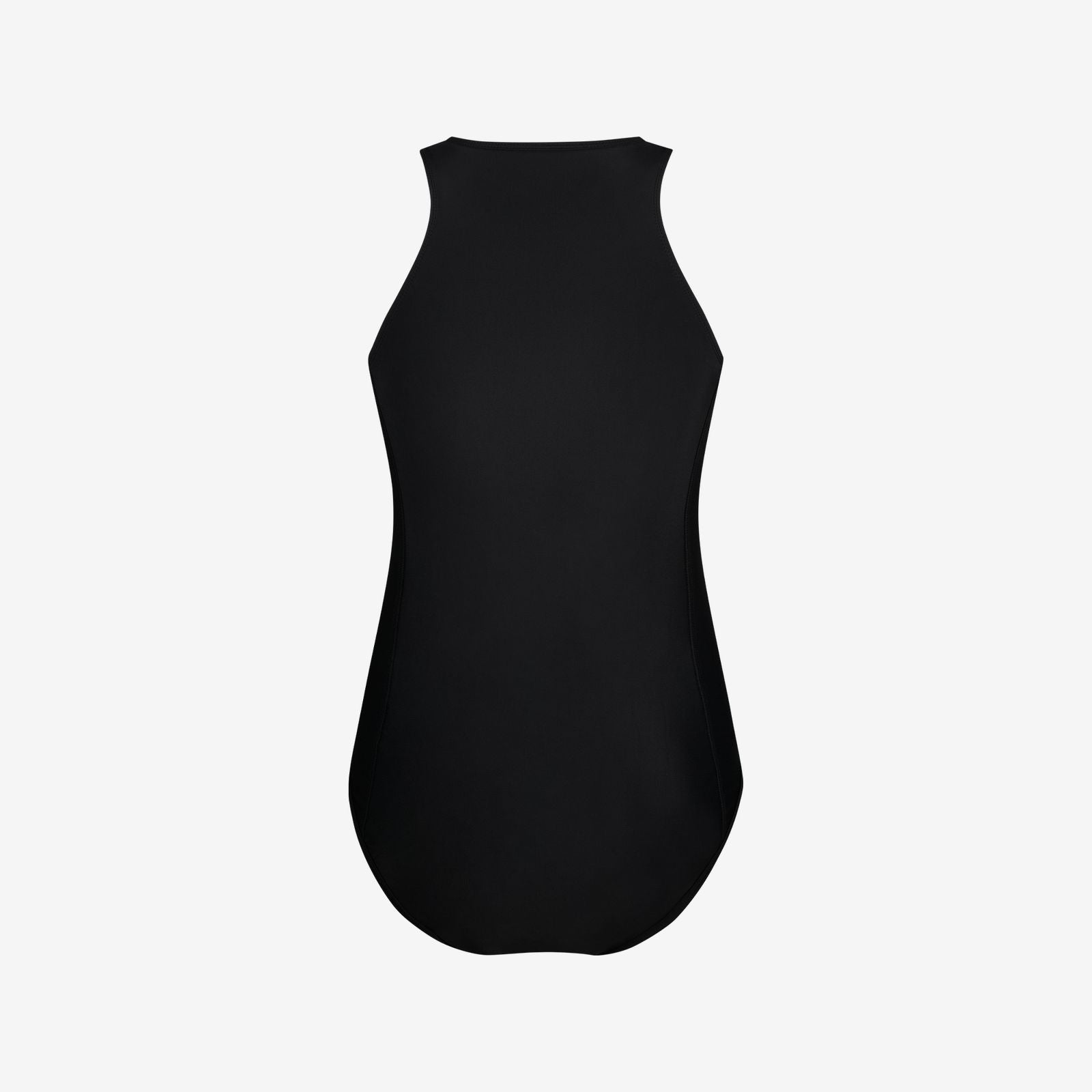 Back view of black full coverage swimsuit with high neck and sleek fit, made for support in swim training on white background