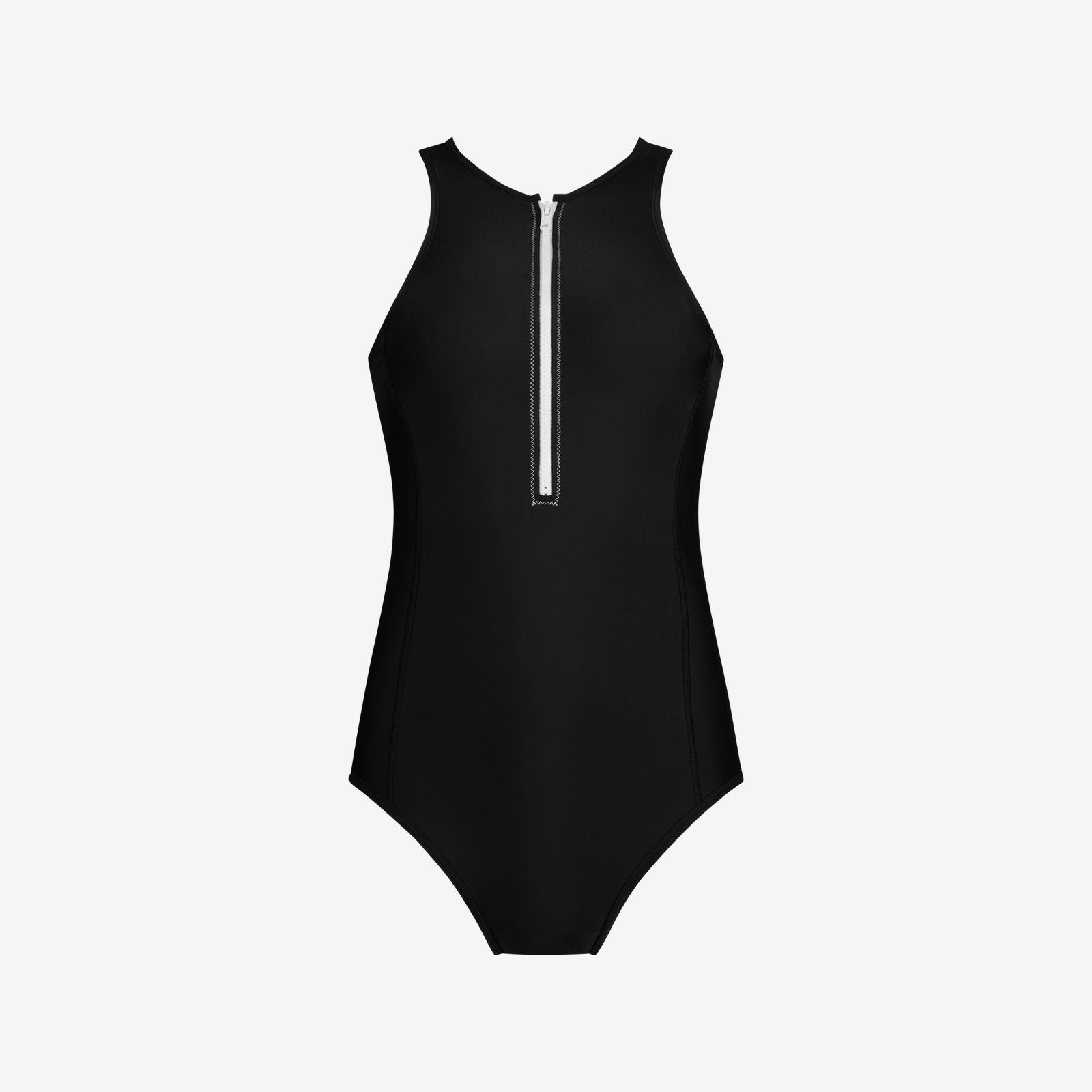 Black full coverage one-piece with zip front and clean seams, designed for women’s athletic swim training on white background