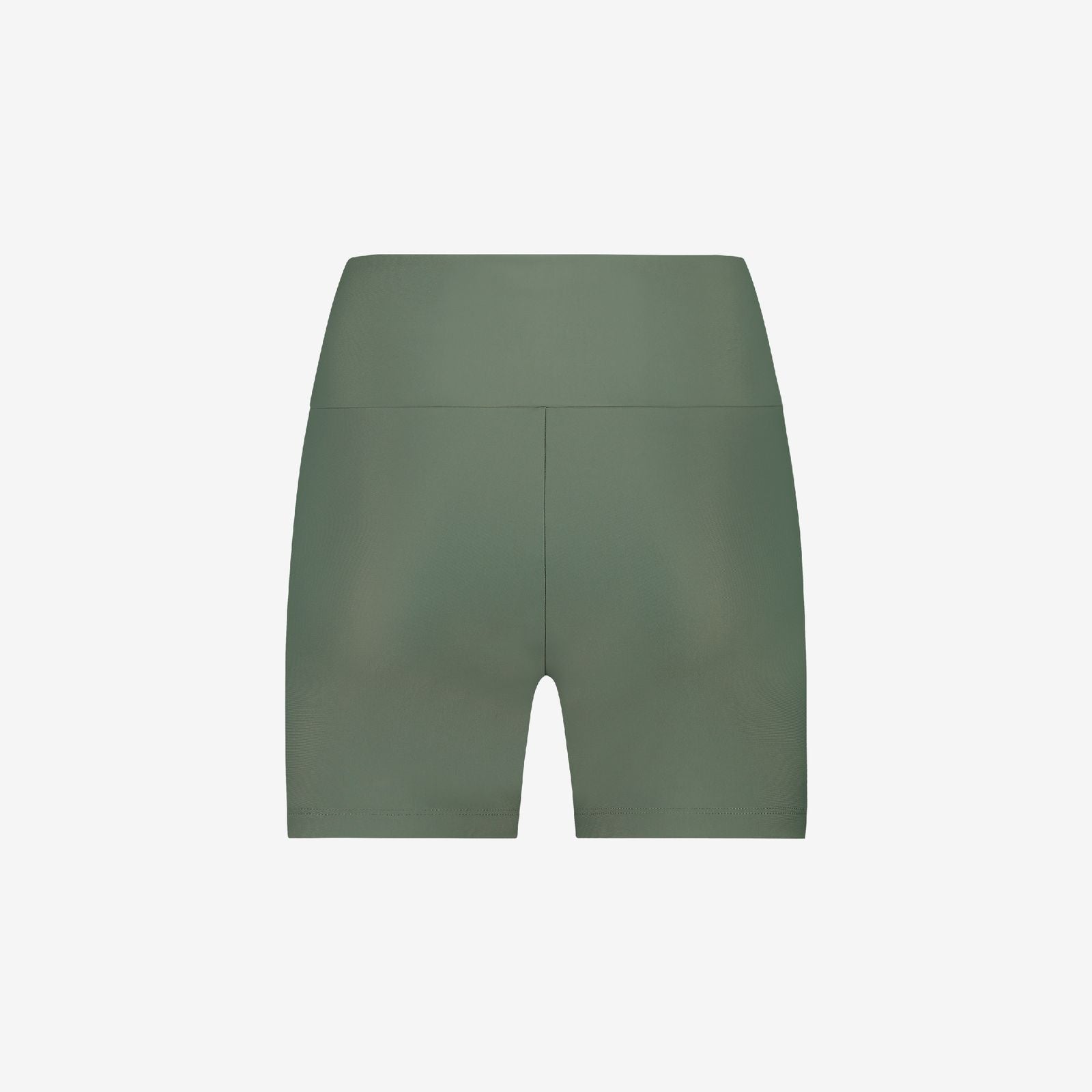 Back view of green women’s sport shorts with curved seam design, for active swim and surf use, on a white background