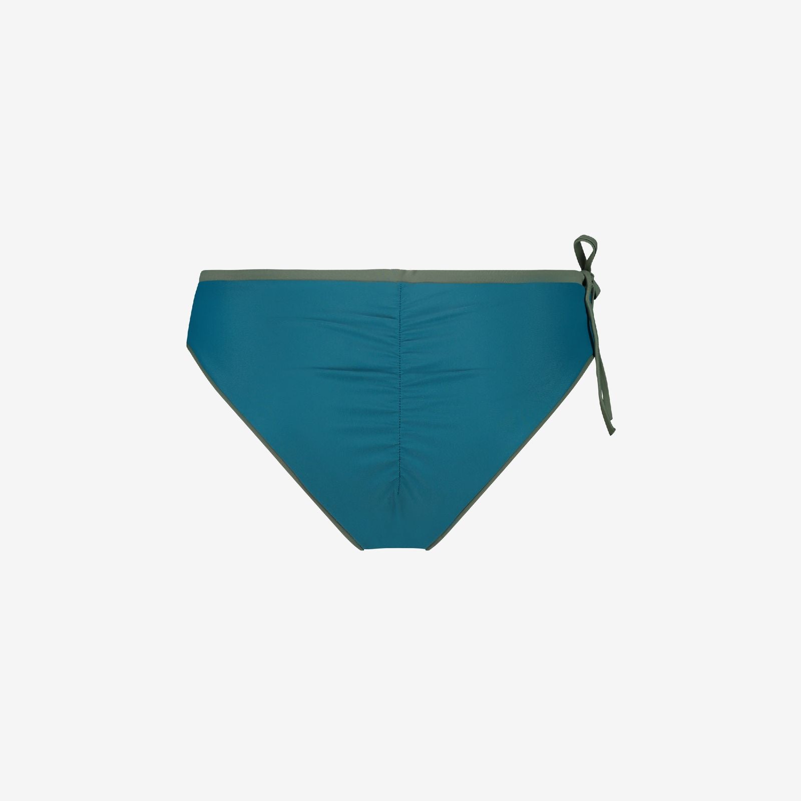 Reversible teal bikini bottom with gathered back seam and green waistband, eco swimwear, active sports, on white background