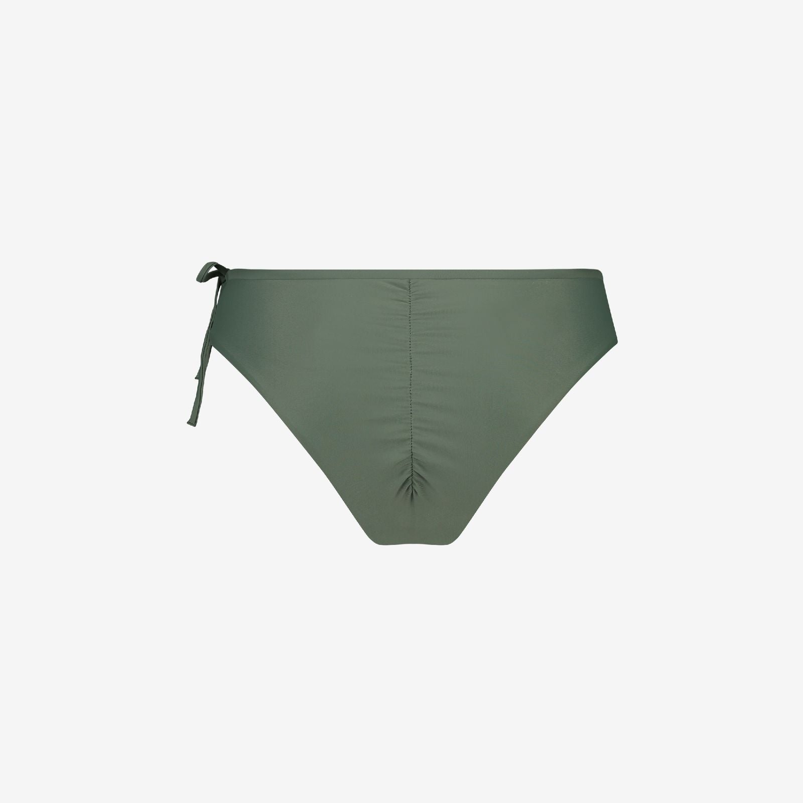 Green reversible bikini bottom with teal waistband and ruched stitching, eco-conscious design, on white background