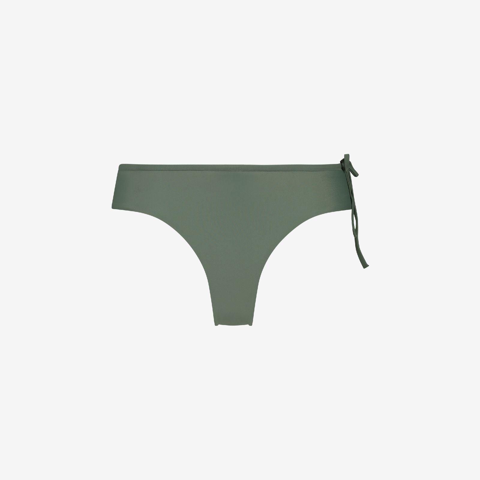 Reversible green drawstring bikini bottom for perfromance with teal trim, eco swimwear, and clean seams, on white background