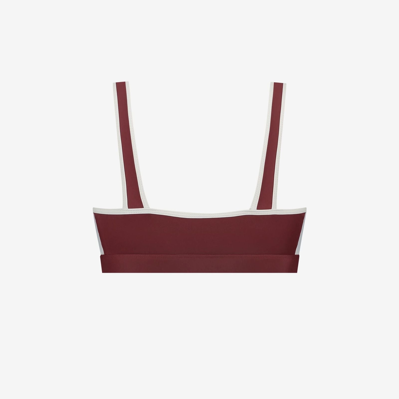Back of red and white sports top with slim straps and support band, ideal for performance swimming, on white background