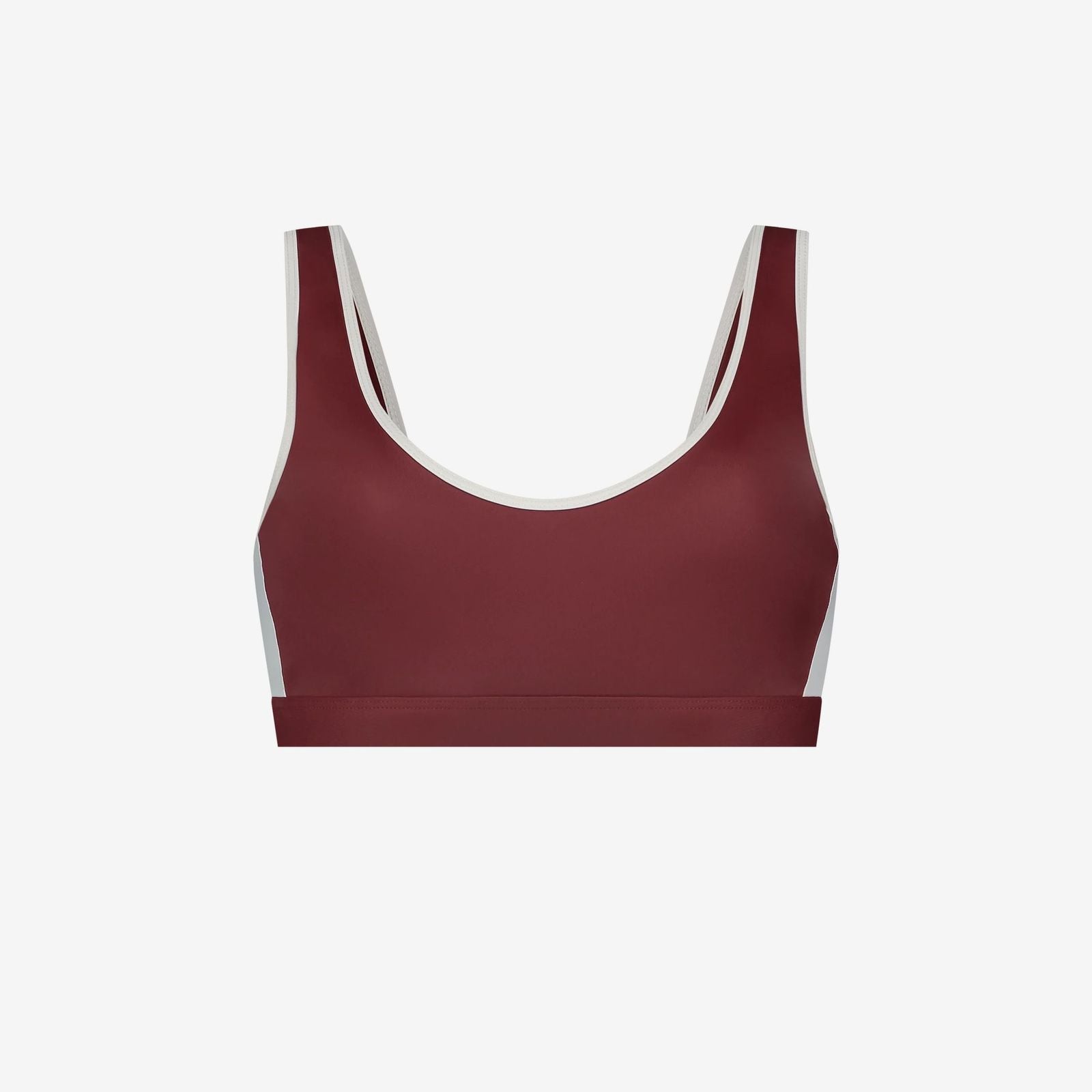 Red and white sports swim top with scoop neckline, eco stretch fabric, designed for water sports, on white background