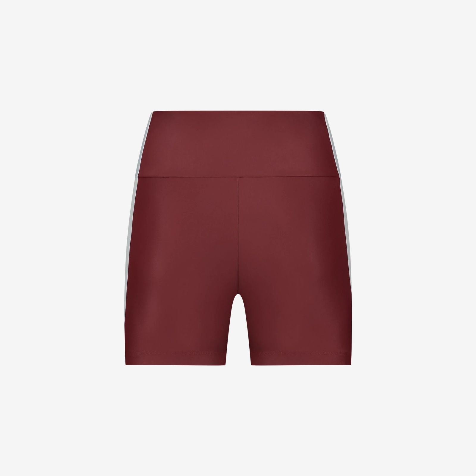 Back view of red sport shorts with smooth finish and wide waistband made for active movement and support, on white background