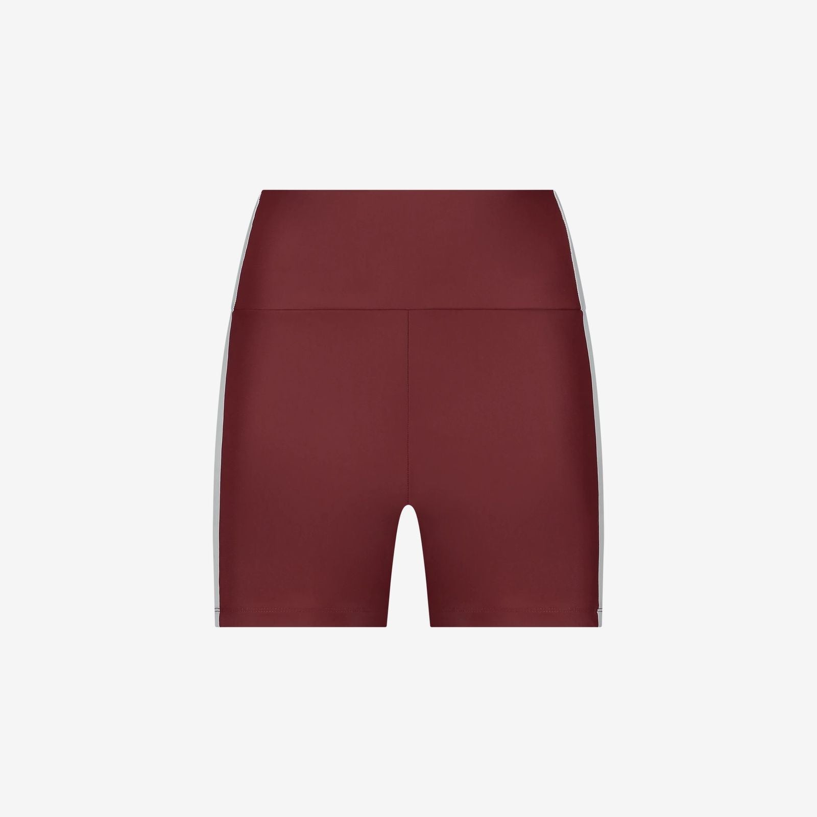 Red high-waisted sport shorts with clean seams, sculpted fit, designed for women’s performance training, on white background