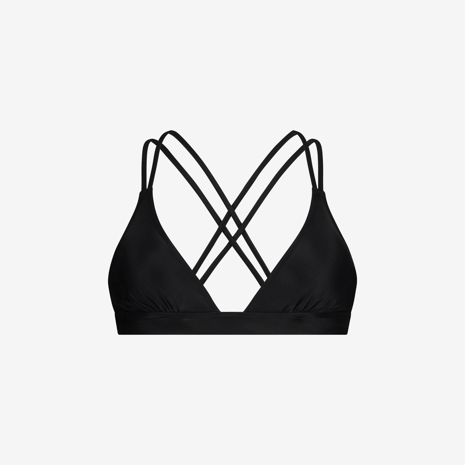 Black sports bikini top with cross strap for support and matte finish, designed for women’s water sports, on white background