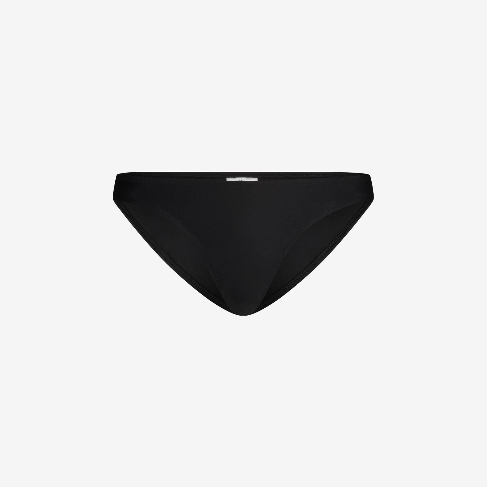 Black bikini bottom with low-rise cut and drawstring for secure fit, made for active water sports, on a white background