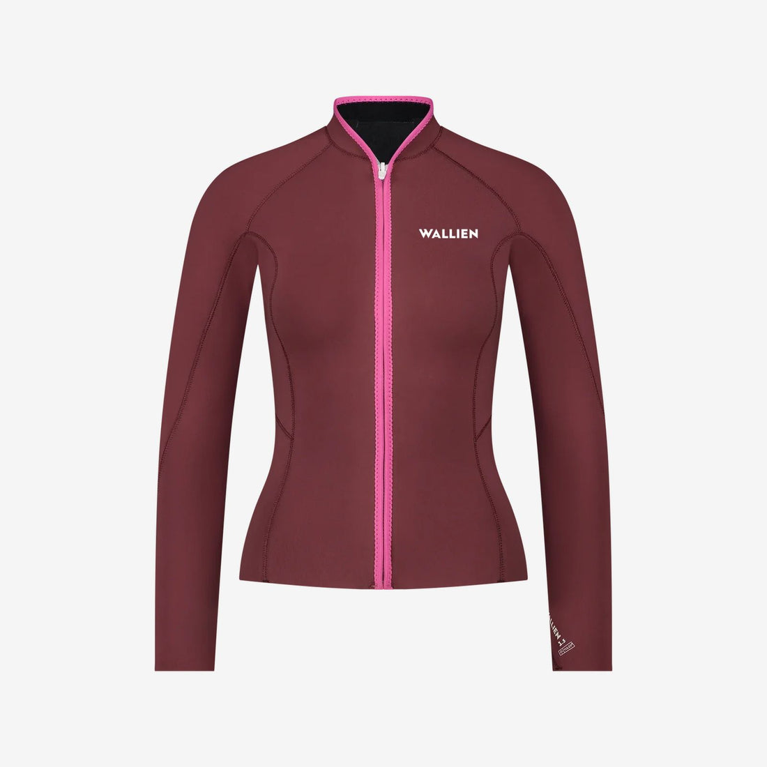 Red Yulex® wetsuit jacket with pink zip and collar, WALLIEN chest logo, made for water sports, on a white background