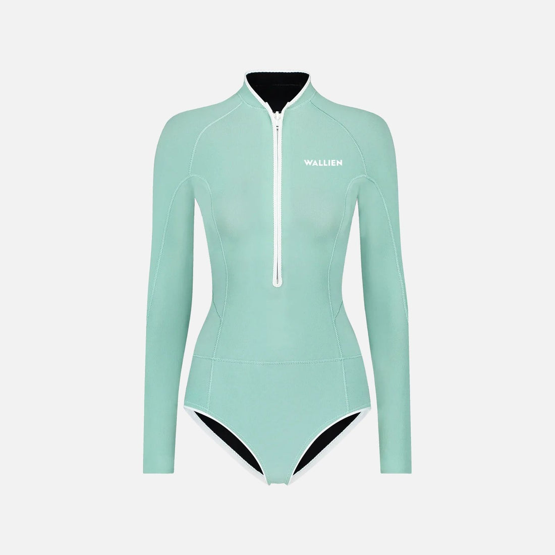 Aquamarine Yulex® springsuit with long sleeves and white zipper, designed for women’s water sports, on white background