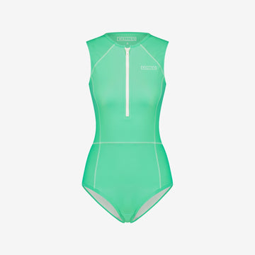 Aquamarine one-piece swimsuit with full coverage, white zip and stitching, WALLIEN logo on chest, on white background