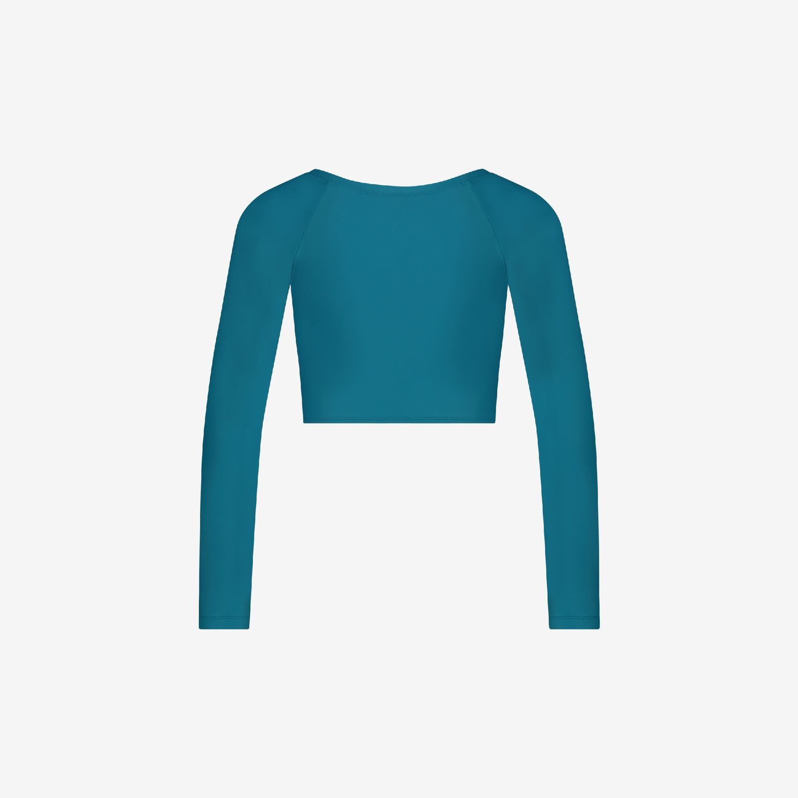 Back view of teal rash guard top with smooth stitching and performance design for surfing and swimming, on white background