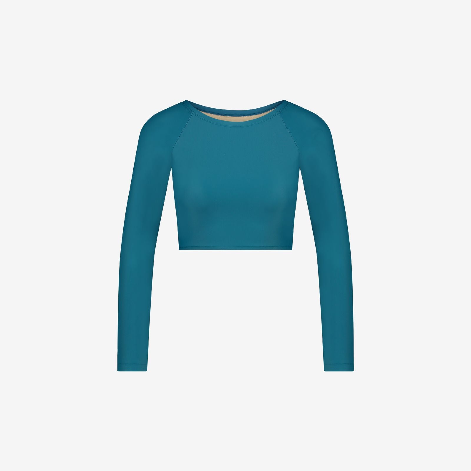 Teal long-sleeve rash guard top with seamless and ergonomic fit, designed for women’s water sports, on white background