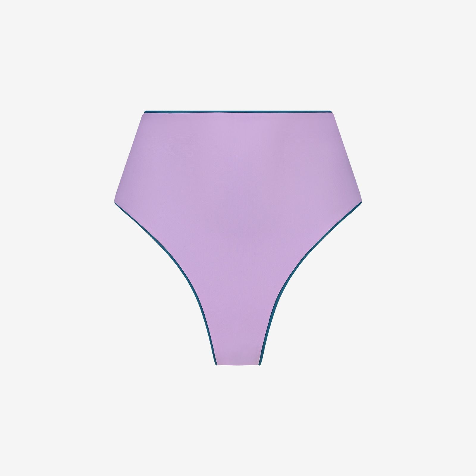 Purple high waist reversible bikini bottom with contrast teal edging and smooth finish, for water sports, on white background