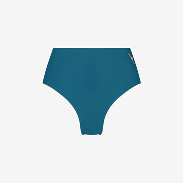 Teal high waist reversible bikini bottom with smooth seams and subtle WALLIEN logo on right hip, on a white background