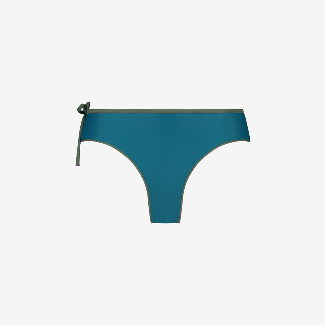 Teal drawstring bikini bottom for water sports with green trim, reversible, eco-friendly, seamless fit, on white background