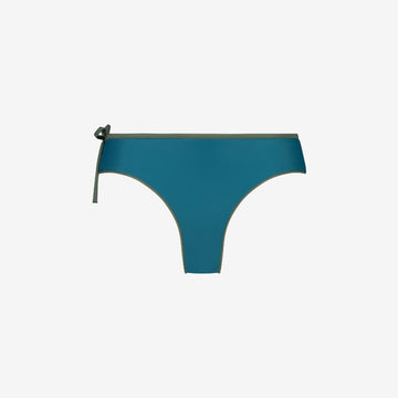 Teal drawstring bikini bottom for water sports with green trim, reversible, eco-friendly, seamless fit, on white background