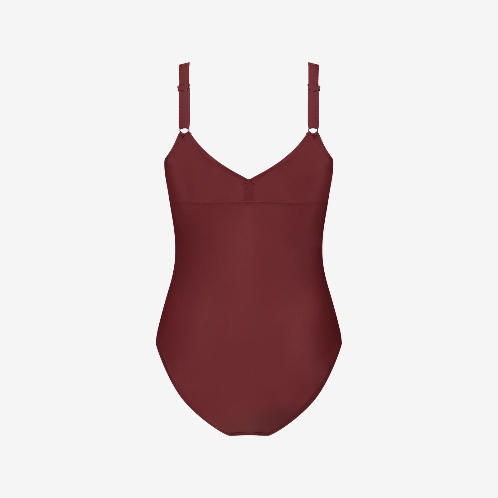 Back view of red swimsuit with bust support and adjustable straps, built for swim confidence and control, on white background