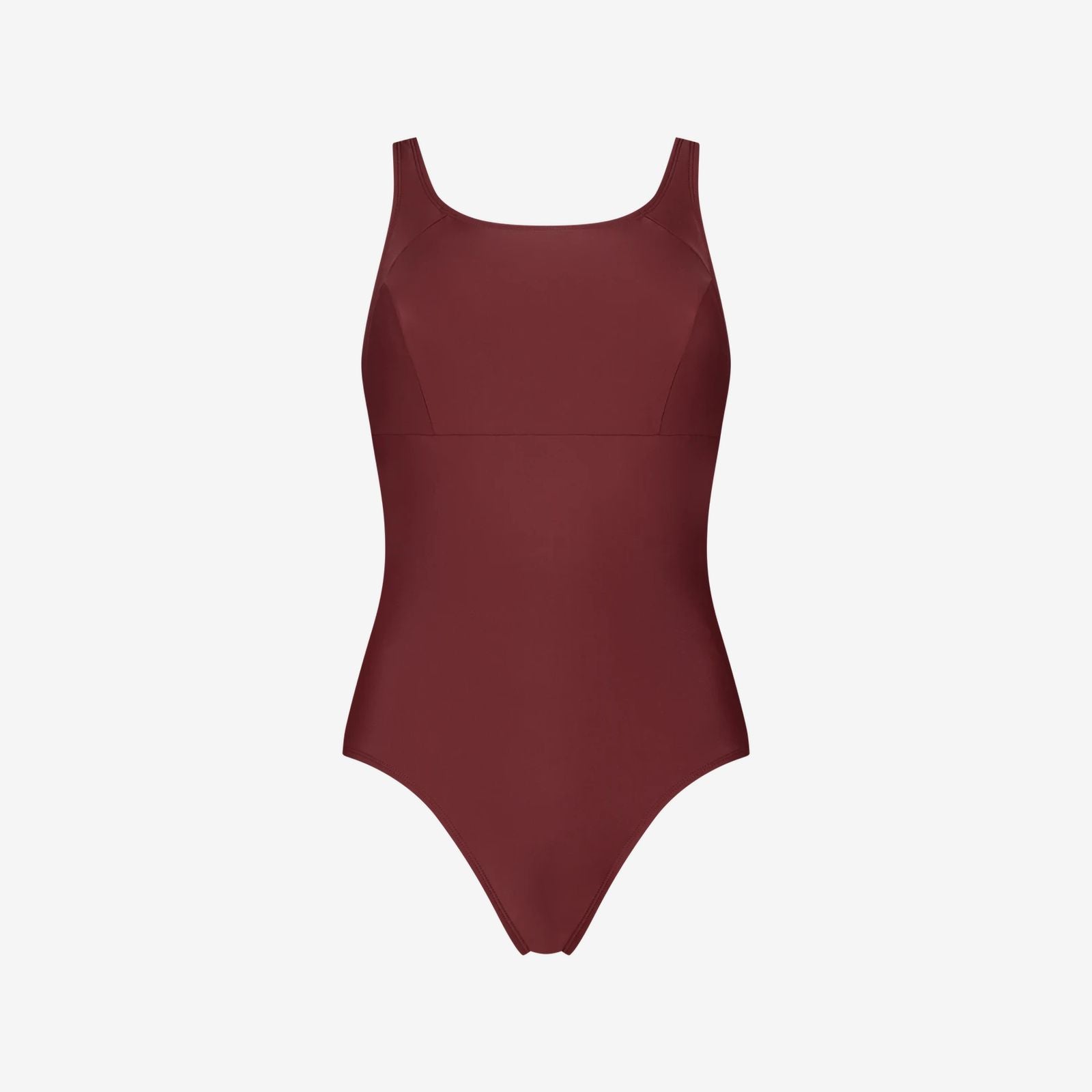 Red full coverage swimsuit with square neckline and bust seam support, made for active swim performance, on white background
