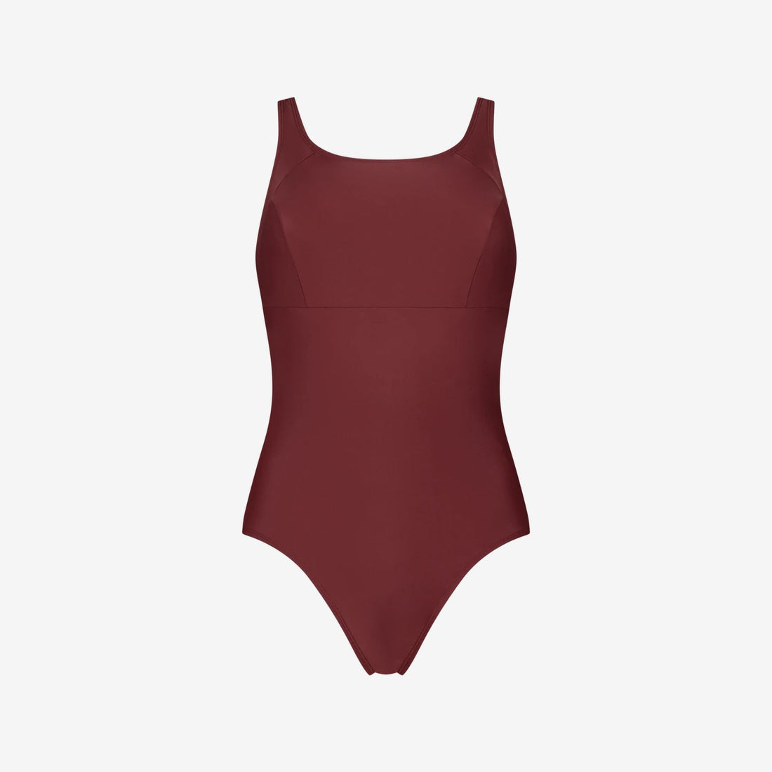 Red full coverage swimsuit with square neckline and bust seam support, made for active swim performance, on white background