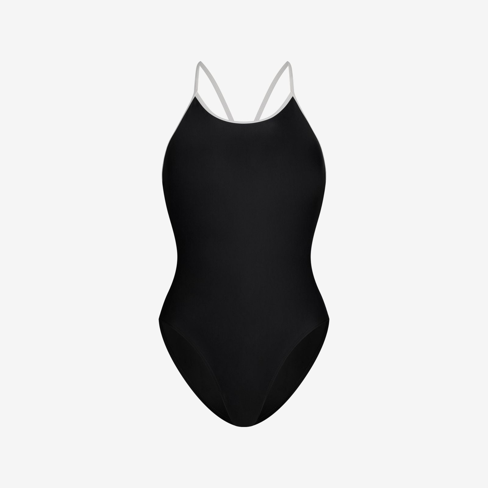 Black high-cut one-piece swimsuit with white straps, designed for women’s water sports performance, on a white background