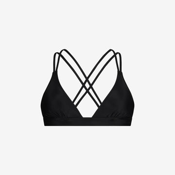 Black sports bikini top with cross strap for support and matte finish, designed for women’s water sports, on white background