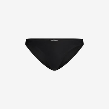 Black bikini bottom with low-rise cut and drawstring for secure fit, made for active water sports, on a white background